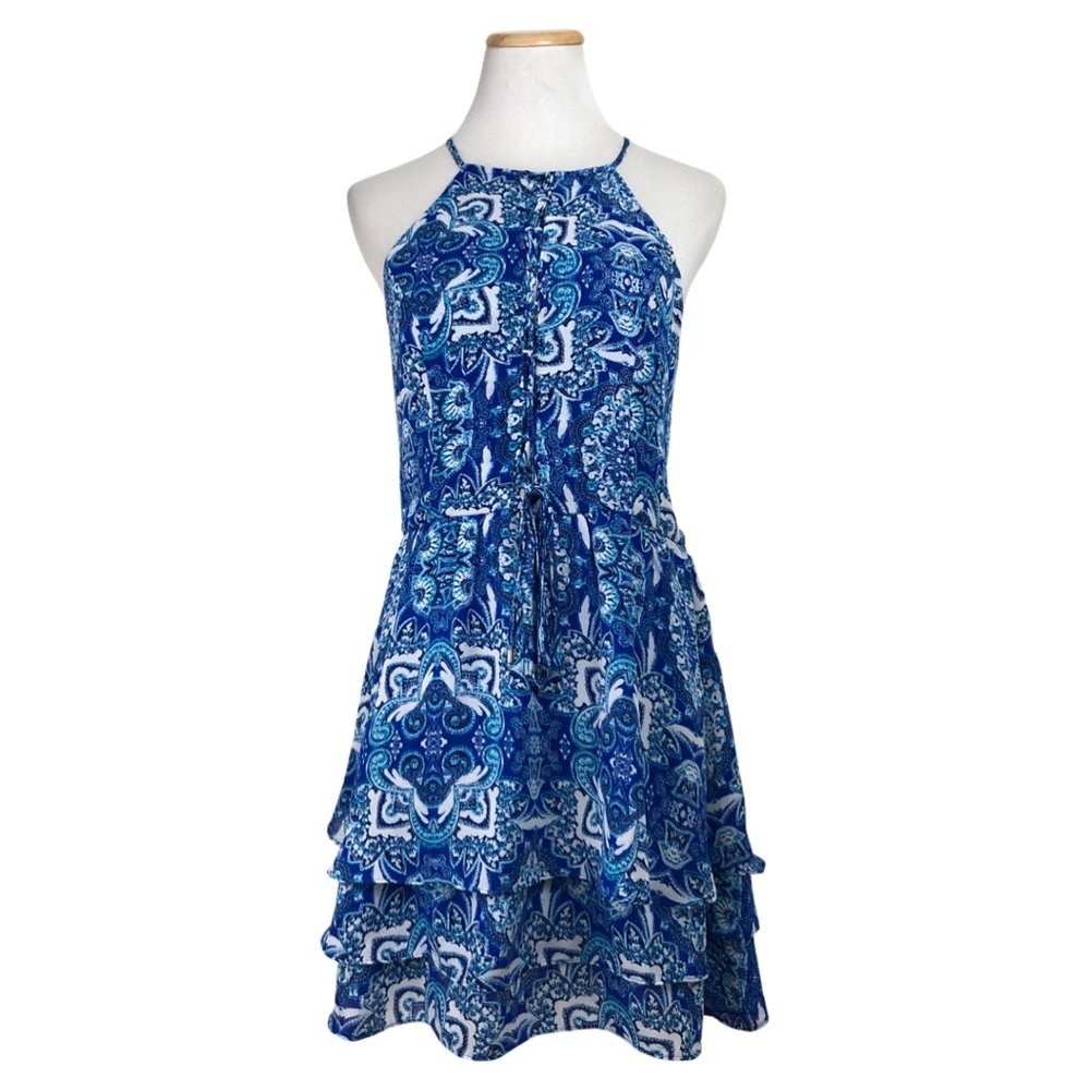 PARKER Dress Blue Floral Ruffles Spaghetti Straps Lace Up Front Women's Medium